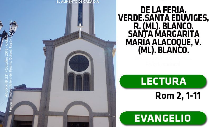 MIÉRCOLES 16: De la feria. Verde.Santa Eduviges, r. (ML). Blanco. Santa Margarita María Alacoque, v. (ML). Blanco.