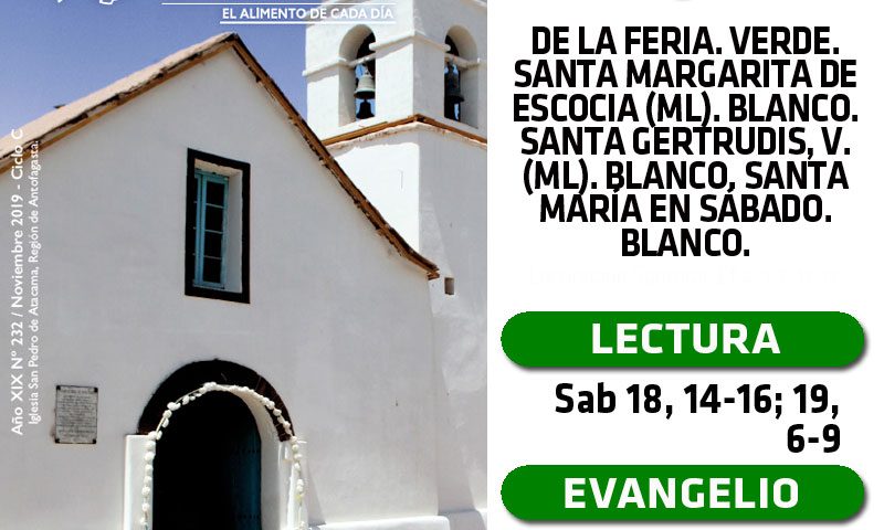 SÁBADO 16: De la feria. Verde. Santa Margarita de Escocia (ML). Blanco. Santa Gertrudis, v. (ML). Blanco. Santa María en Sábado. Blanco.