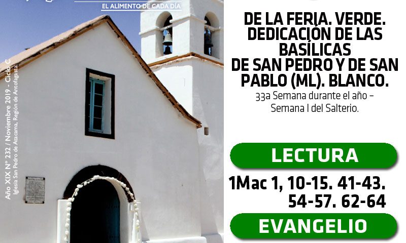 LUNES 18: De la feria. Verde. Dedicación de las Basílicas de San Pedro y de San Pablo (ML). Blanco.